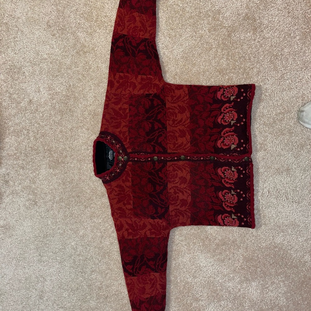 Red Floral Vintage Fully Lined Women's Cardigan